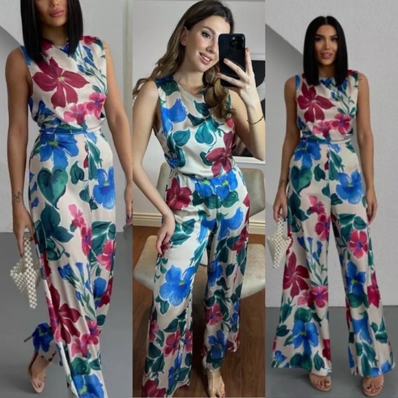 🌺 ZARA BOHO GREEN PINK MULTI SATIN WIDE LEG JUMPSUIT! - Picture 10 of 16